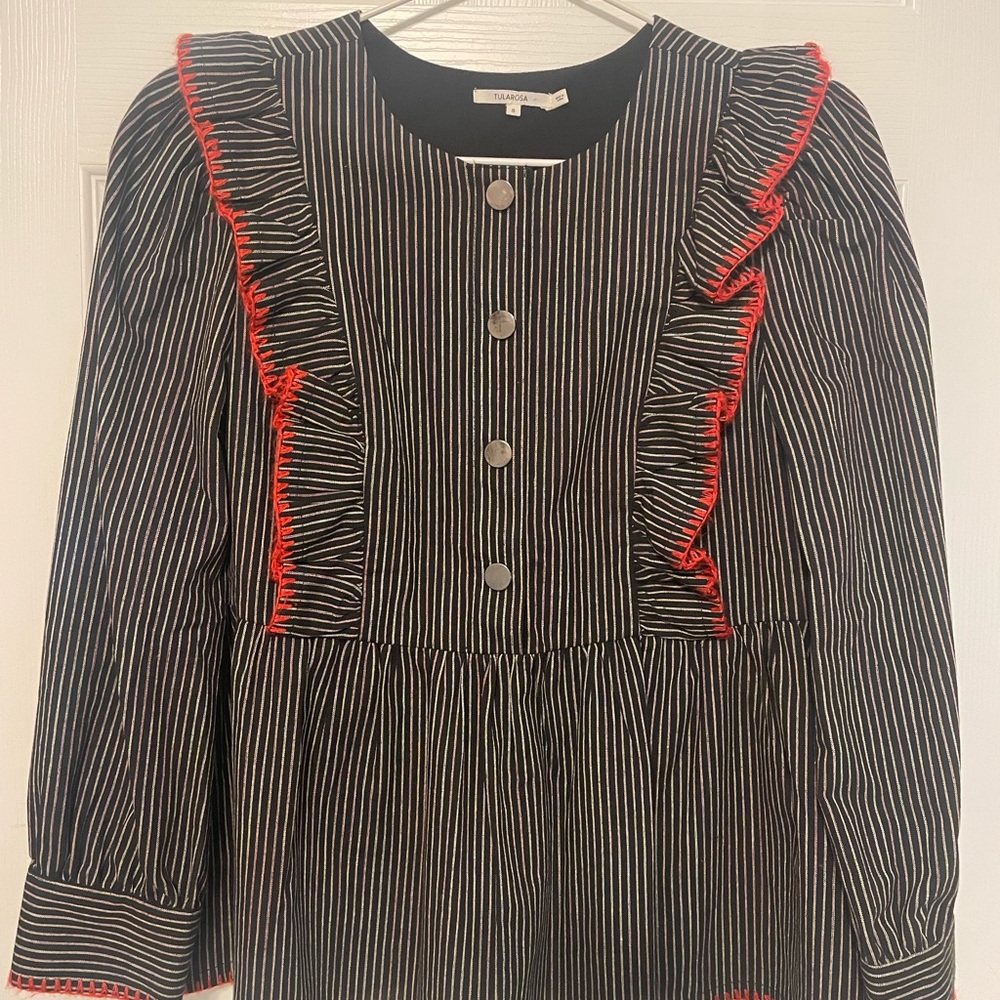 Tularosa Nelly Top - Black Pinstripe Ruffle Front Dress with Red Trim